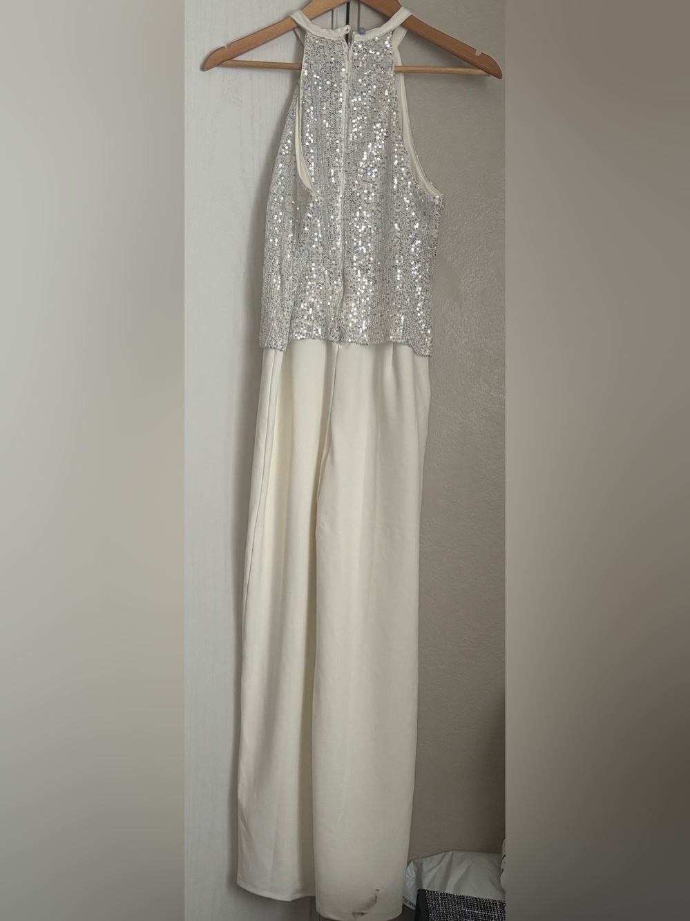 Sequin Halter Jumpsuit in Cream and Silver
